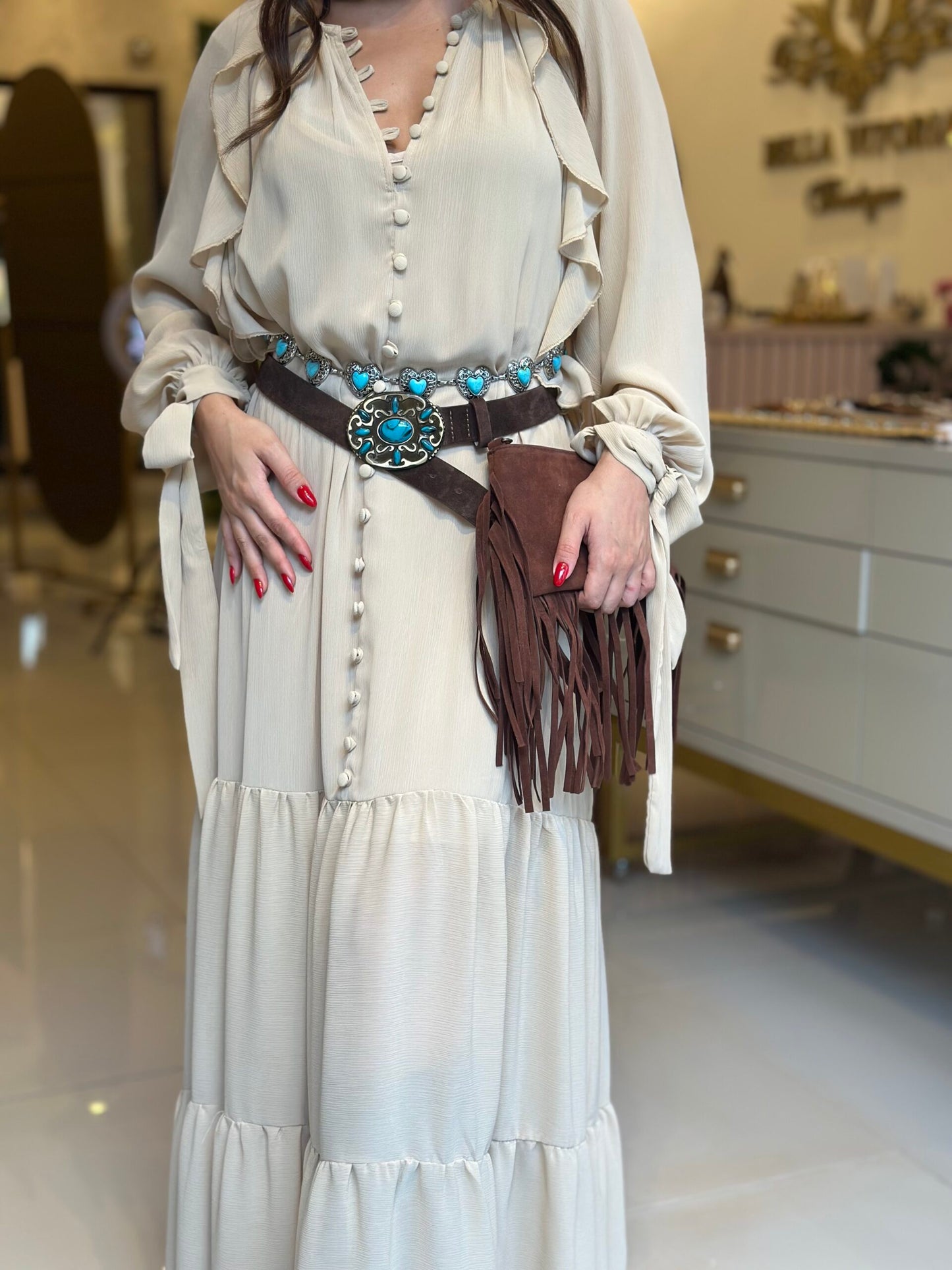 V-Neck Button Long Sleeve Dress