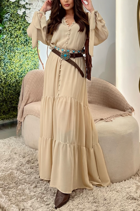 V-Neck Button Long Sleeve Dress