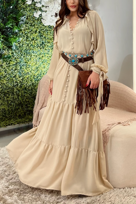 V-Neck Button Long Sleeve Dress