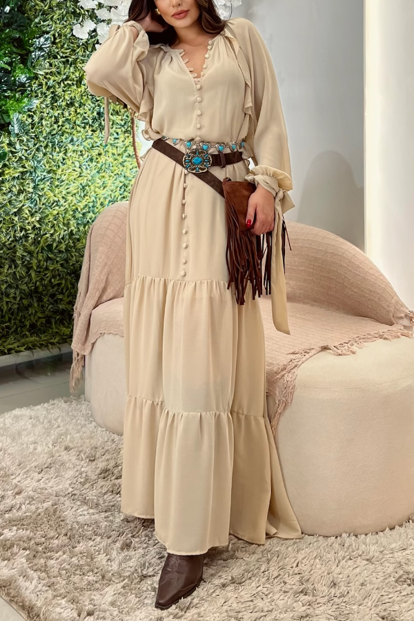 V-Neck Button Long Sleeve Dress