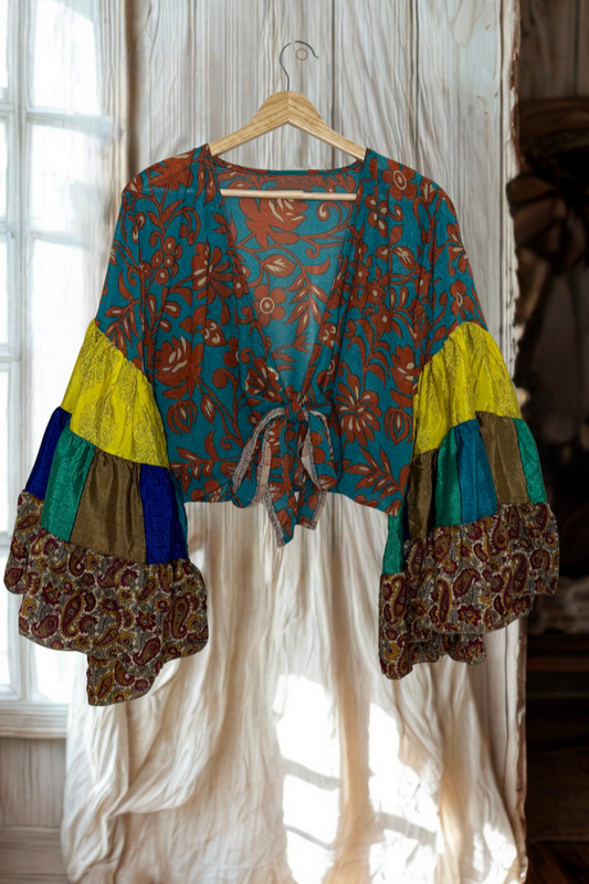 Printed Patchwork Bell-Sleeve Lace-Up Top