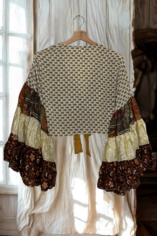 Printed Bell-Sleeve Lace-Up Top