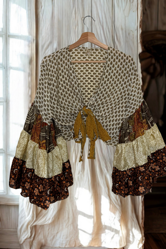 Printed Bell-Sleeve Lace-Up Top