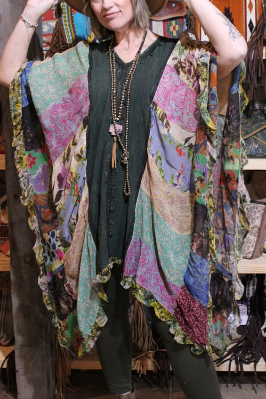 Bohemian Patchwork Threads Basil Poncho
